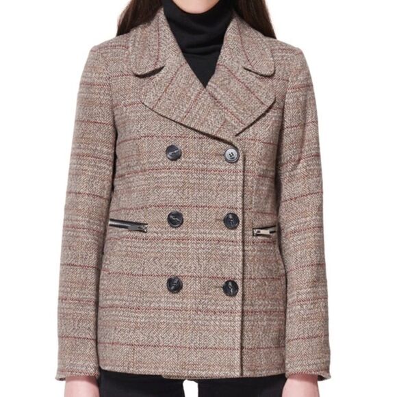 Maralyn & Me Jackets & Blazers - Maralyn Me Juniors Notched-Collar Double-Breasted Peacoat Brown Red Plaid XXL